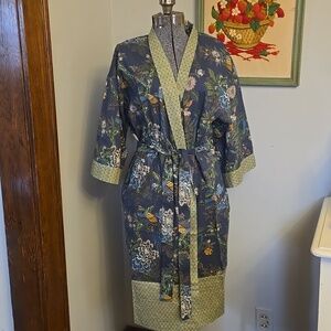 Handprint Boho Kimono Robe Blue And Green Botanical Bird Print Cotton One Size